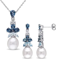 Miabella 2-Piece Set Freshwater Cultured Pearl, Blue Topaz, White Topaz Sterling Silver Dangle Earrings and Necklace