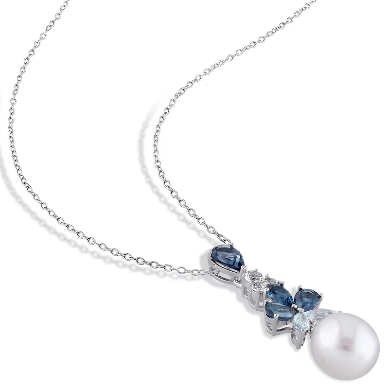 Miabella 2-Piece Set Freshwater Cultured Pearl, Blue Topaz, White Topaz Sterling Silver Dangle Earrings and Necklace