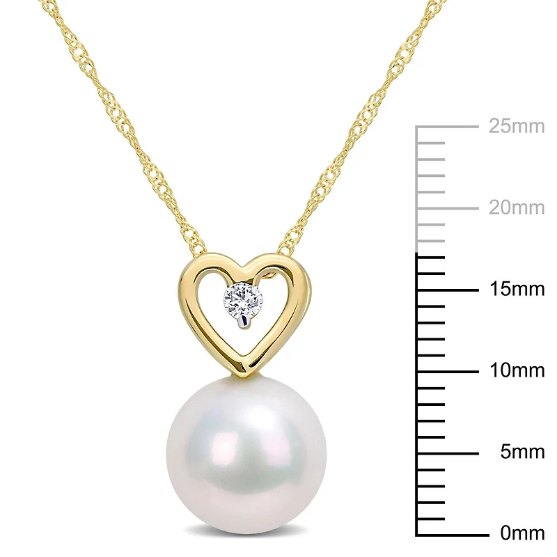 Miabella Freshwater Cultured Pearl and Diamond Accent 10K Yellow Gold Heart Drop Necklace