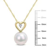 Miabella Freshwater Cultured Pearl and Diamond Accent 10K Yellow Gold Heart Drop Necklace