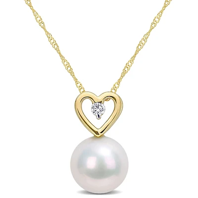 Miabella Freshwater Cultured Pearl and Diamond Accent 10K Yellow Gold Heart Drop Necklace