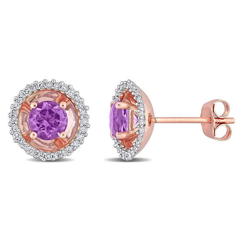 Miabella 4/5 Carat T.G.W. Amethyst and 1/4 Carat T.W. Diamond 10kt Rose Gold Circular Halo Stud Earrings
