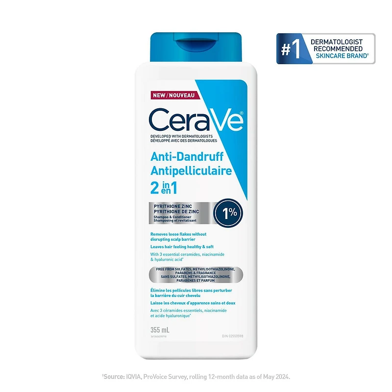 CeraVe 2-in-1 Anti Dandruff Hydrating Shampoo and Conditioner for Men & Women, Gently Cleanses Scalp & Hair While Reducing Flakes, Itchiness, and Irritation, 355mL, Reduces dandruff flakes