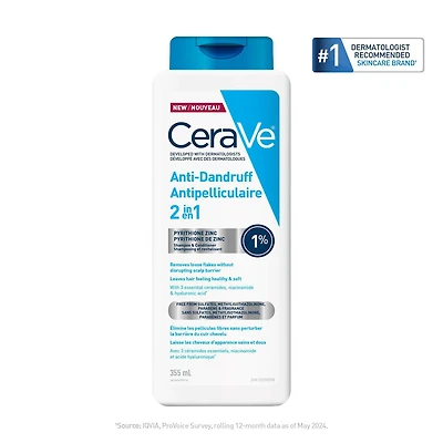 CeraVe 2-in-1 Anti Dandruff Hydrating Shampoo and Conditioner for Men & Women, Gently Cleanses Scalp & Hair While Reducing Flakes, Itchiness, and Irritation, 355mL, Reduces dandruff flakes