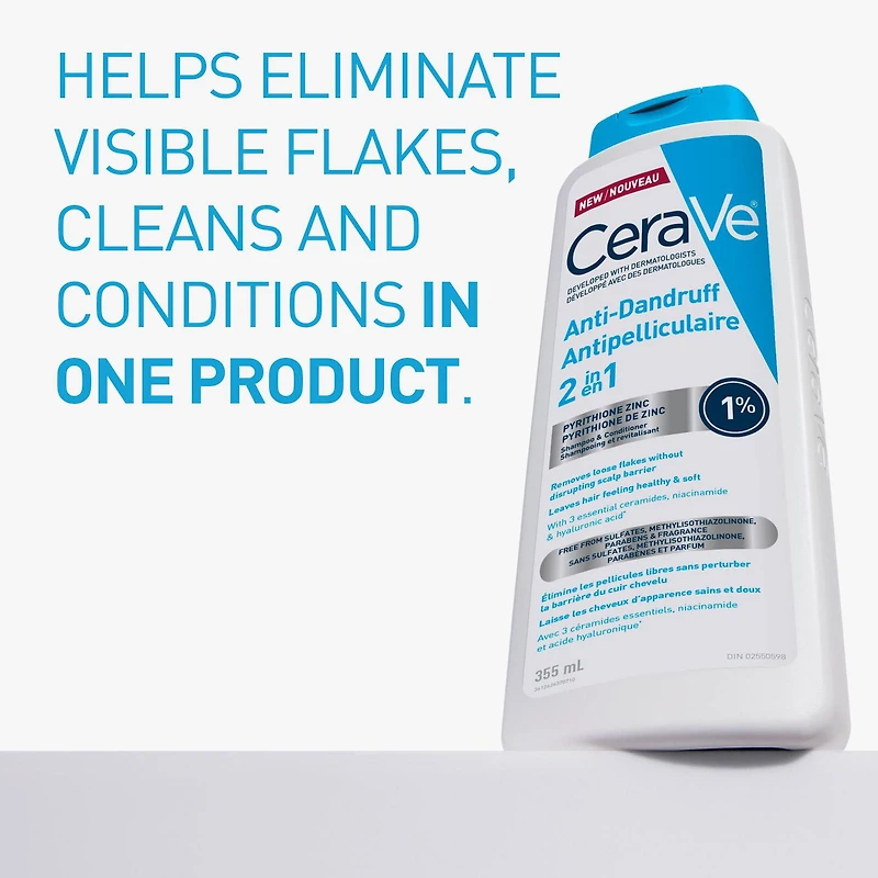 CeraVe 2-in-1 Anti Dandruff Hydrating Shampoo and Conditioner for Men & Women, Gently Cleanses Scalp & Hair While Reducing Flakes, Itchiness, and Irritation, 355mL, Reduces dandruff flakes