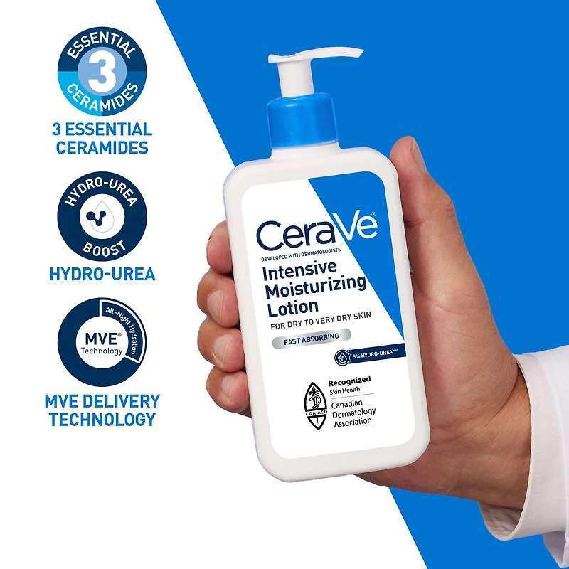 CeraVe Intensive Moisturizing Lotion with 5% Hydro-Urea & Shea Butter, for Dry to Very Dry Skin, Hydrates Itchy Skin due to Dryness. Fragrance-Free, Developed with Dermatologist, 237mL, Soothe skin from first use