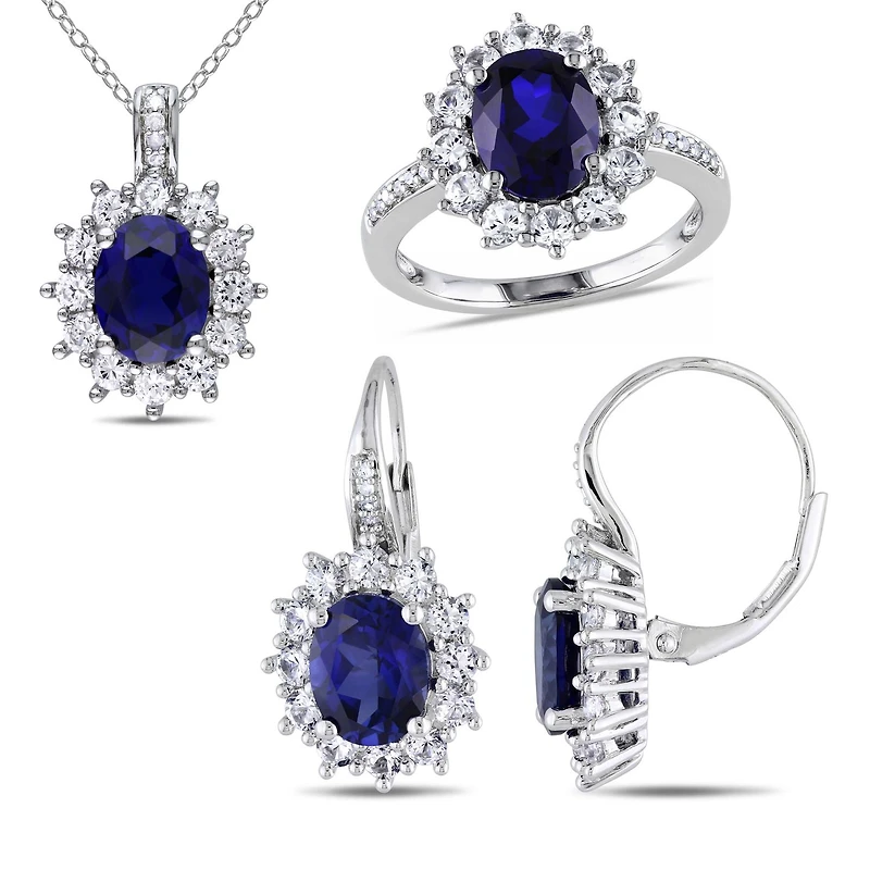Tangelo 16-1/8 Carat T.G.W. Created Blue And White Sapphire Diamond-Accent Sterling Silver HALO Earrings, Pendant And Ring Set