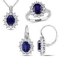 Tangelo 16-1/8 Carat T.G.W. Created Blue And White Sapphire Diamond-Accent Sterling Silver HALO Earrings, Pendant And Ring Set