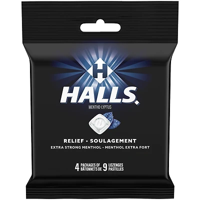 HALLS Extra Strong Menthol Cough Drops, Throat Lozenges, Sore Throat Relief, Mentho-Lyptus, 4 Packs of 9 Lozenges