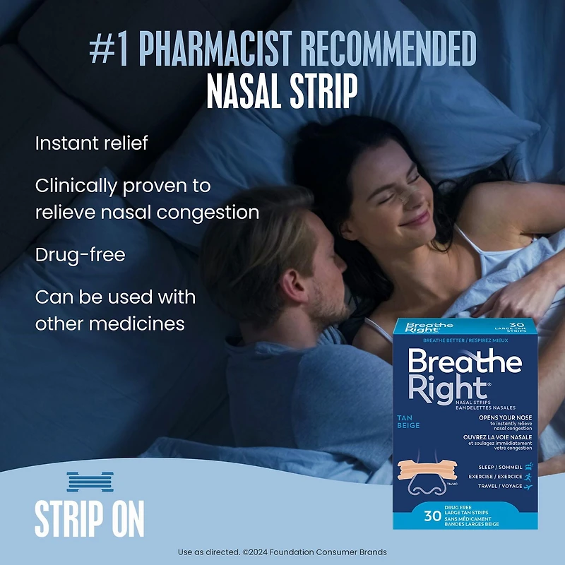 Breathe Right grandes bandelettes nasales Beige | Soulage instantanément la congestion nasale | Sans Médicament 30 Grandes Bandelettes Beiges