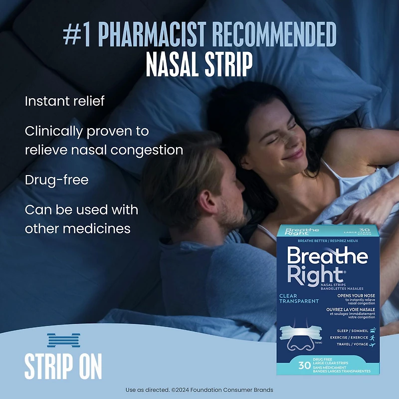 Breathe Right Nasal Strips Clear Large | Effective, drug-free and easy-to-apply, 30 Large Clear Strips