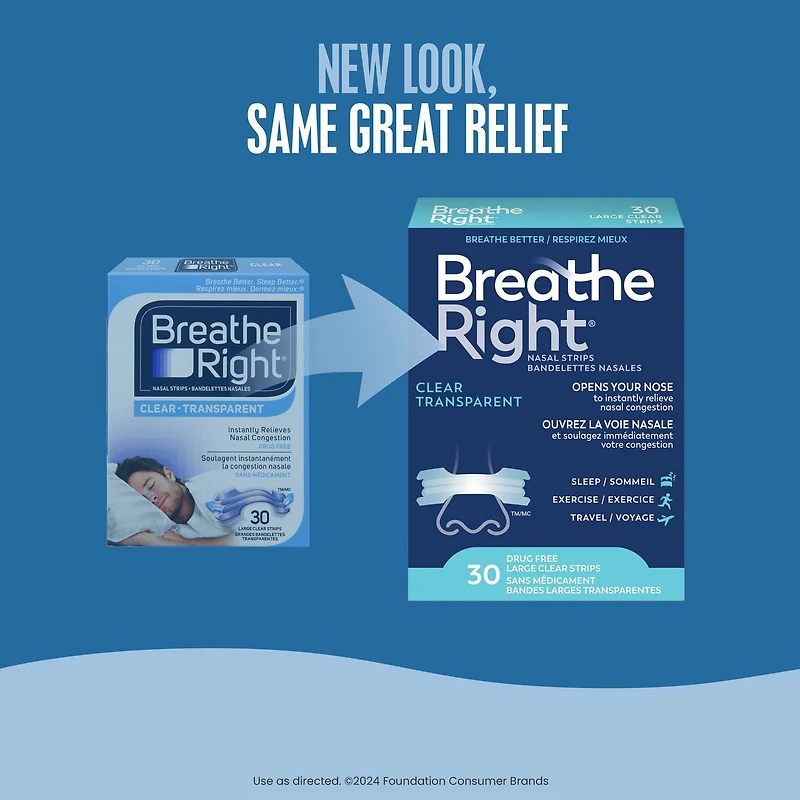 Breathe Right Nasal Strips Clear Large | Effective, drug-free and easy-to-apply, 30 Large Clear Strips