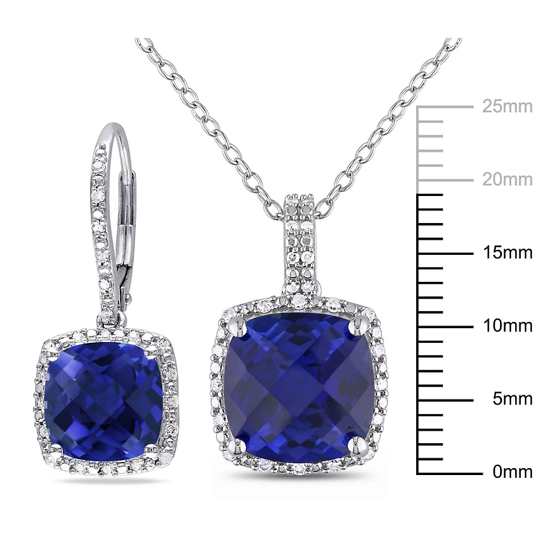 Tangelo 12-1/5 Carat T.G.W. Created Blue Sapphire and 1/3 Carat T.W. Diamond Sterling Silver Halo Pendant and Earrings Set