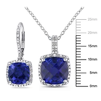Tangelo 12-1/5 Carat T.G.W. Created Blue Sapphire and 1/3 Carat T.W. Diamond Sterling Silver Halo Pendant and Earrings Set
