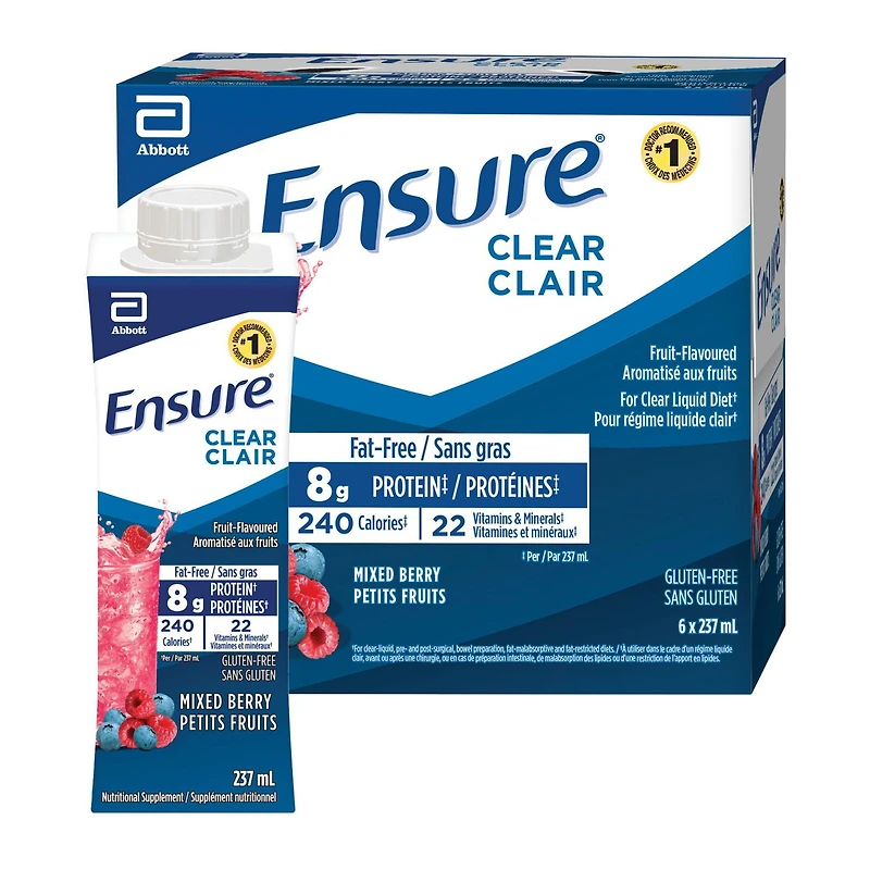 Ensure Clear, Clear Liquid Nutrition Drink, Refreshing Fruit Flavoured Nutrional Supplement, Mixed Berry, 6 x 237-mL Bottles, 6 x 237mL