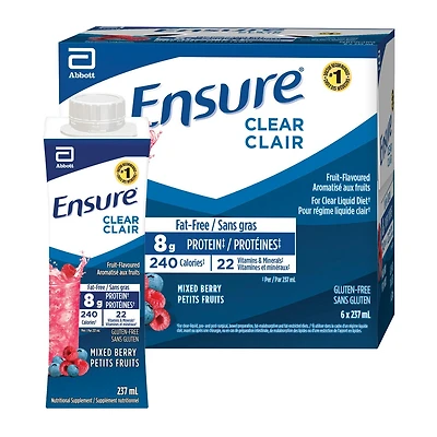Ensure Clear, Clear Liquid Nutrition Drink, Refreshing Fruit Flavoured Nutrional Supplement, Mixed Berry, 6 x 237-mL Bottles, 6 x 237mL