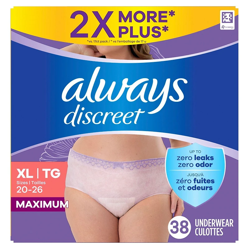 Always Discreet Adult Incontinence Underwear for Women and Postpartum Underwear, XL, Up to 100% Bladder Leak Protection