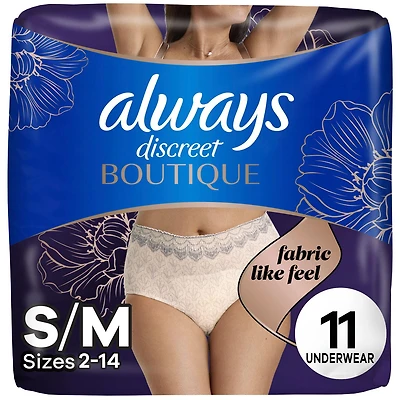 Culottes d’incontinence et de post-partum Always Discreet Boutique, protection maximale, pour femmes, taille P/M, couleur rosée, 11;culottes