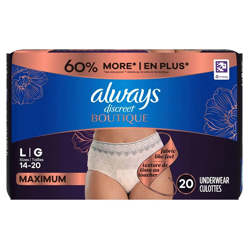 Always Discreet Boutique Incontinence and Postpartum Underwear for Women, Maximum Protection, L, Rosy
