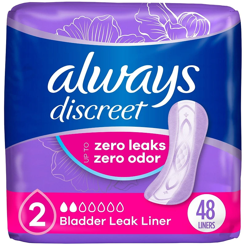 Always Discreet Incontinence Panty Liners for Bladder Leaks, Size 2, Very Light Absorbency