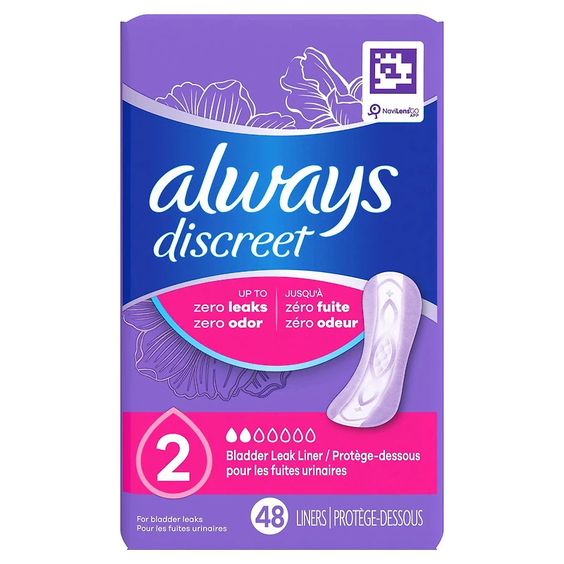 Always Discreet Incontinence Panty Liners for Bladder Leaks, Size 2, Very Light Absorbency