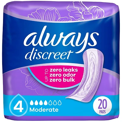 Always Discreet Adult Incontinence Pads for Women, Moderate Absorbency, Regular Length, Postpartum Pads