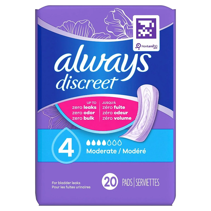 Always Discreet Adult Incontinence Pads for Women, Moderate Absorbency, Regular Length, Postpartum Pads