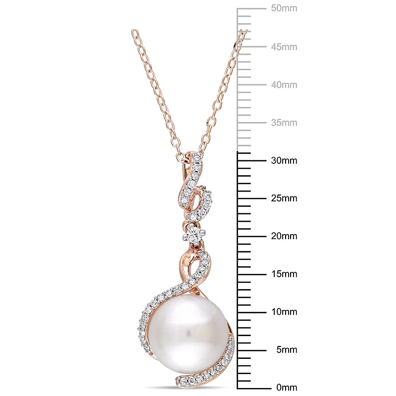 Miabella Cultured Freshwater Pearl, 1/6 Carat T.W. Diamond and White Sapphire-Accent Rose Rhodium-Plated Sterling Silver Drop Pendant