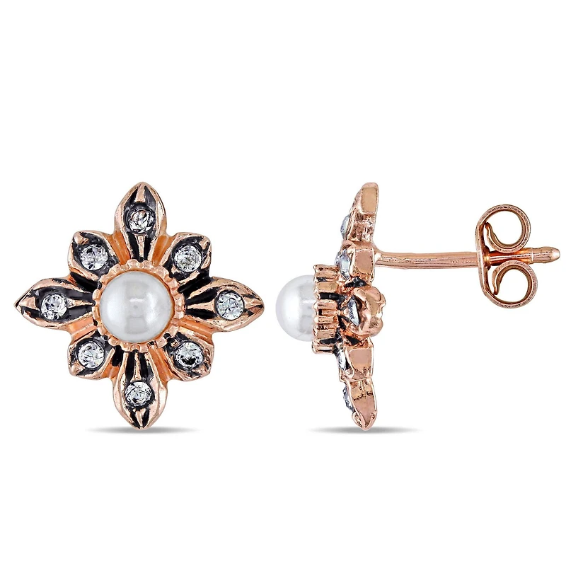 Clous d’oreilles rétros avec fausses perles Miabella 4-4,5mm et cristaux en argent sterling plaqué au rose