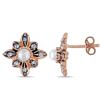 Clous d’oreilles rétros avec fausses perles Miabella 4-4,5mm et cristaux en argent sterling plaqué au rose