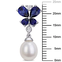 Miabella Freshwater Culture Pearl and Created Sapphire Sterling Silver Floral Dangle Earrings