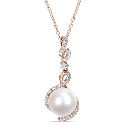 Miabella Cultured Freshwater Pearl, 1/6 Carat T.W. Diamond and White Sapphire-Accent Rose Rhodium-Plated Sterling Silver Drop Pendant