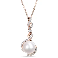Miabella Cultured Freshwater Pearl, 1/6 Carat T.W. Diamond and White Sapphire-Accent Rose Rhodium-Plated Sterling Silver Drop Pendant