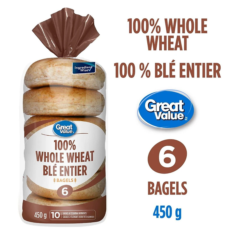 Great Value Whole Wheat Bagels, 6 pk, 450 g