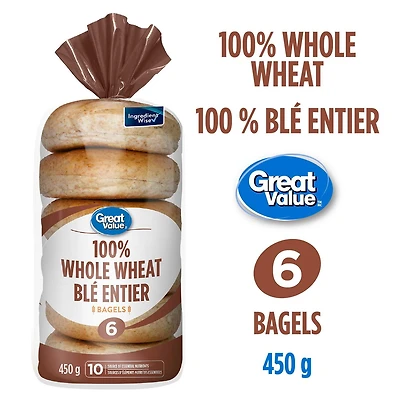 Great Value Whole Wheat Bagels, 6 pk, 450 g