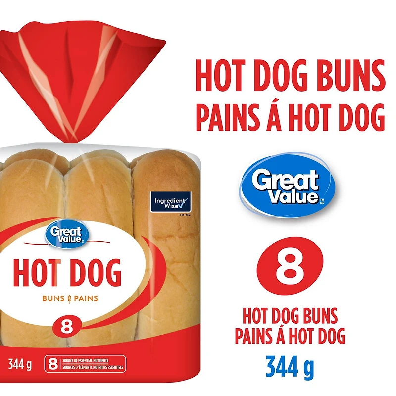 Great Value Hot Dog Buns, 8 pk, 516 g