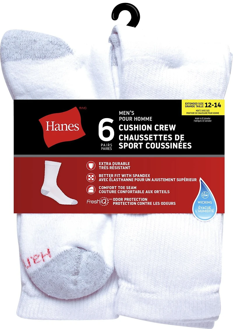 Hanes Men's P6 Cushion Odor Protection Crew Socks, 6-12