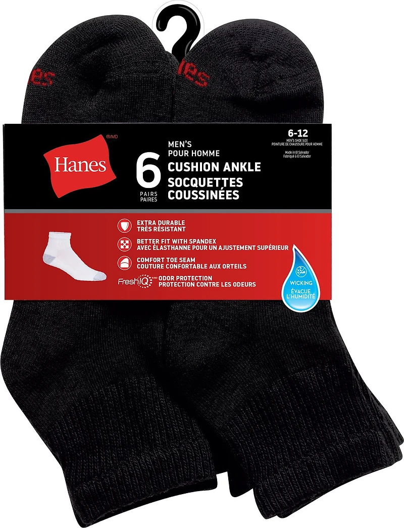 Hanes Men's P6 Cushion Odor Protection Ankle Socks, Size 6-12