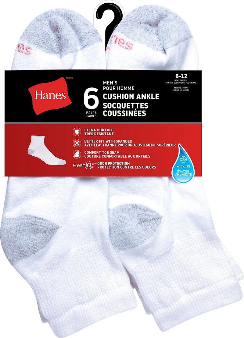 Hanes Men's P6 Cushion Odor Protection Ankle Socks, Size 6-12