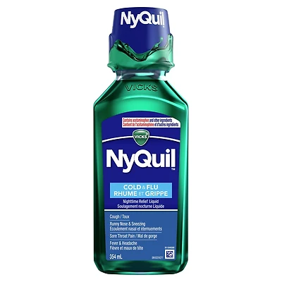 Vicks NyQuil Cold and Flu Symptom Relief Liquid Medicine Multi-Symptom Nighttime Relief for Headache, Fever, Sore Throat Pain, Minor Aches and Pains, Runny Nose and Cough 354ml
