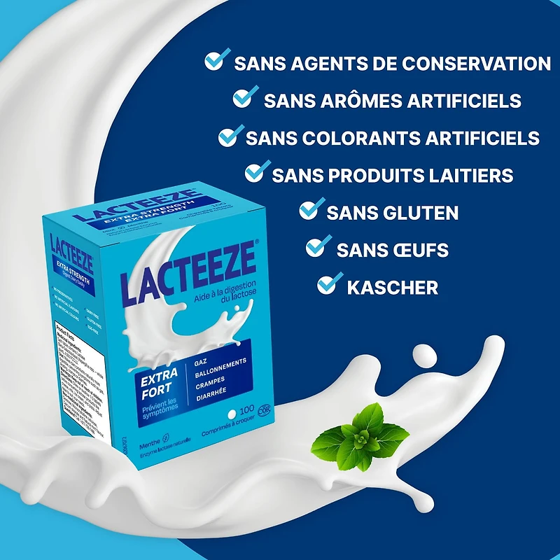 Lacteeze Extra-Fort Enzyme de lactase 100 comprimés