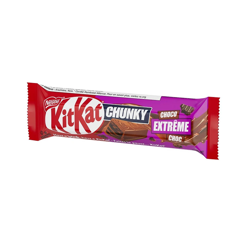 Chunky Choco Extrême, gaufrettes croustillantes, garniture chocolatée et morceaux croquants recouverts d’un enrobage chocolaté, cacao issu à 100 % de sources durables