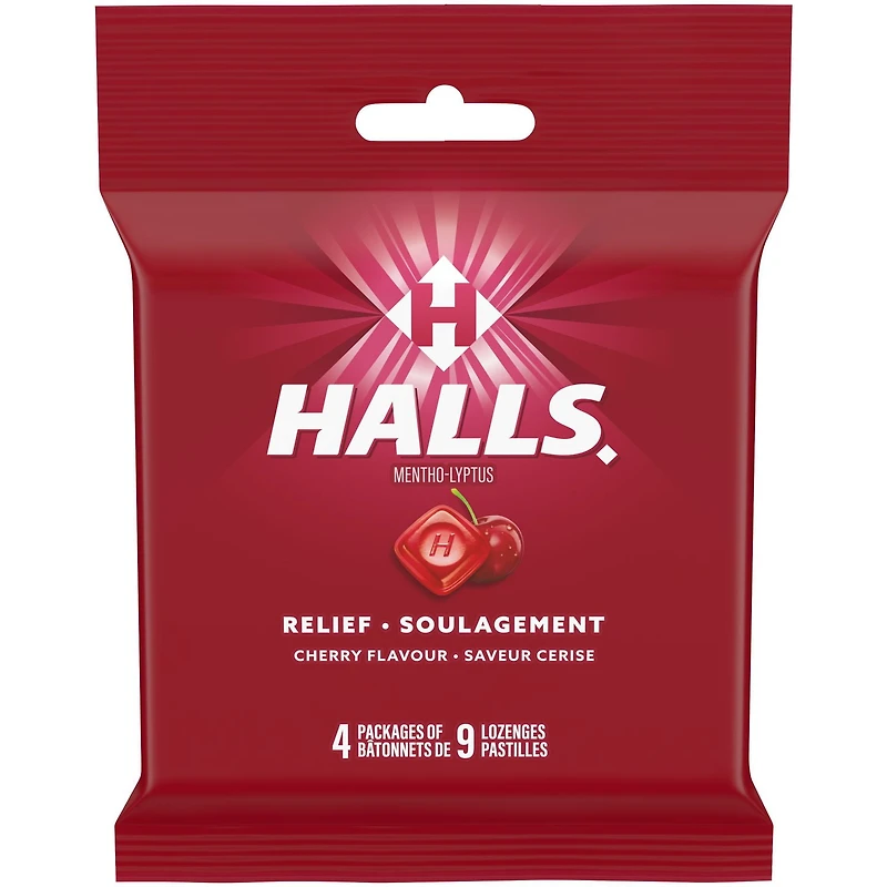 HALLS, pastilles à saveur de cerise, pastilles, apaisent le mal de gorge, mentho-lyptus 4 bâtonnets x 9 pastilles
