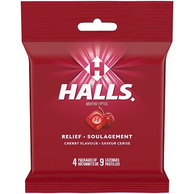 HALLS, pastilles à saveur de cerise, pastilles, apaisent le mal de gorge, mentho-lyptus 4 bâtonnets x 9 pastilles