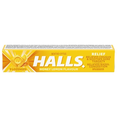 HALLS Honey Lemon Cough Drops, Throat Lozenges, Sore Throat Relief, Mentho-Lyptus, 9 Lozenges
