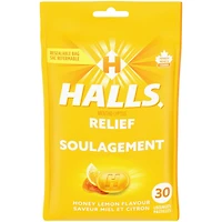 HALLS Honey Lemon Flavour Cough Drops, Throat Lozenges, Sore Throat Relief, Mentho-Lyptus, 30 Lozenges