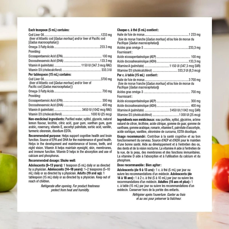 Webber Naturals® Lemon Meringue Liquid Omega-3 plus Vitamins A + 1000 IU Vitamin D, 700 mg EPA/DHA