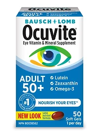 Bausch + Lomb Ocuvite Vitamines Oculaire Adulte 50+, paq. de 50 gélules Supplément minéral et vitaminique pour les yeux. Antioxydant pour le maintien de la santé des yeux.