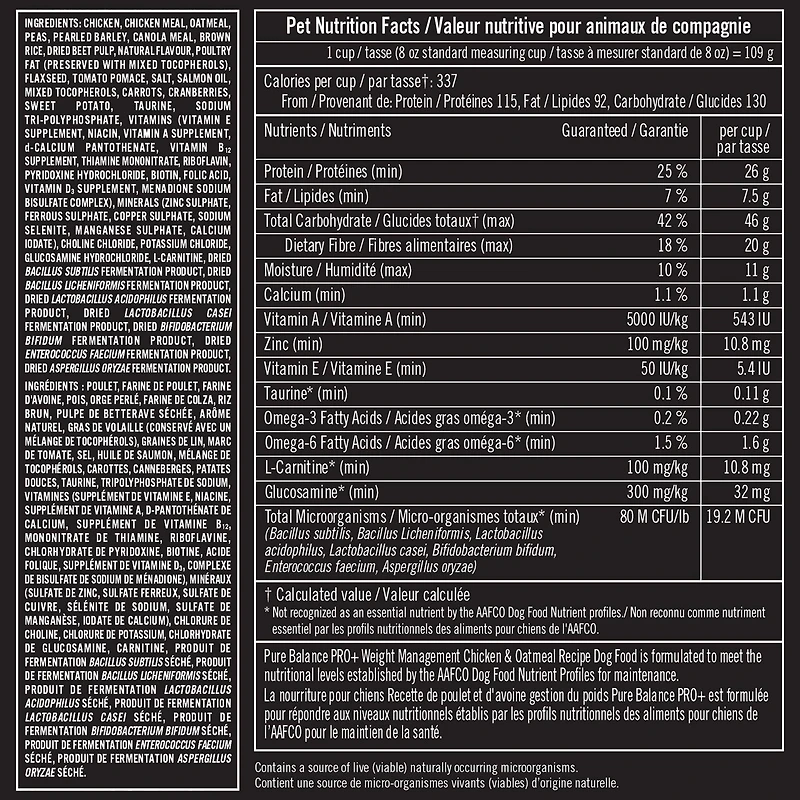 Pure Balance Pro+ Gestion de Poids, Recette Poulet et Avoine Nourriture Sèche pour Chien 100 g, 3,5 kg, 7 kg