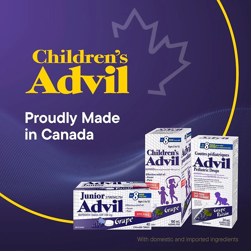 Junior Strength Advil Pain Reliever and Fever Reducer Ibuprofen Chewable Tablets, Grape, 40 Count, 40 count